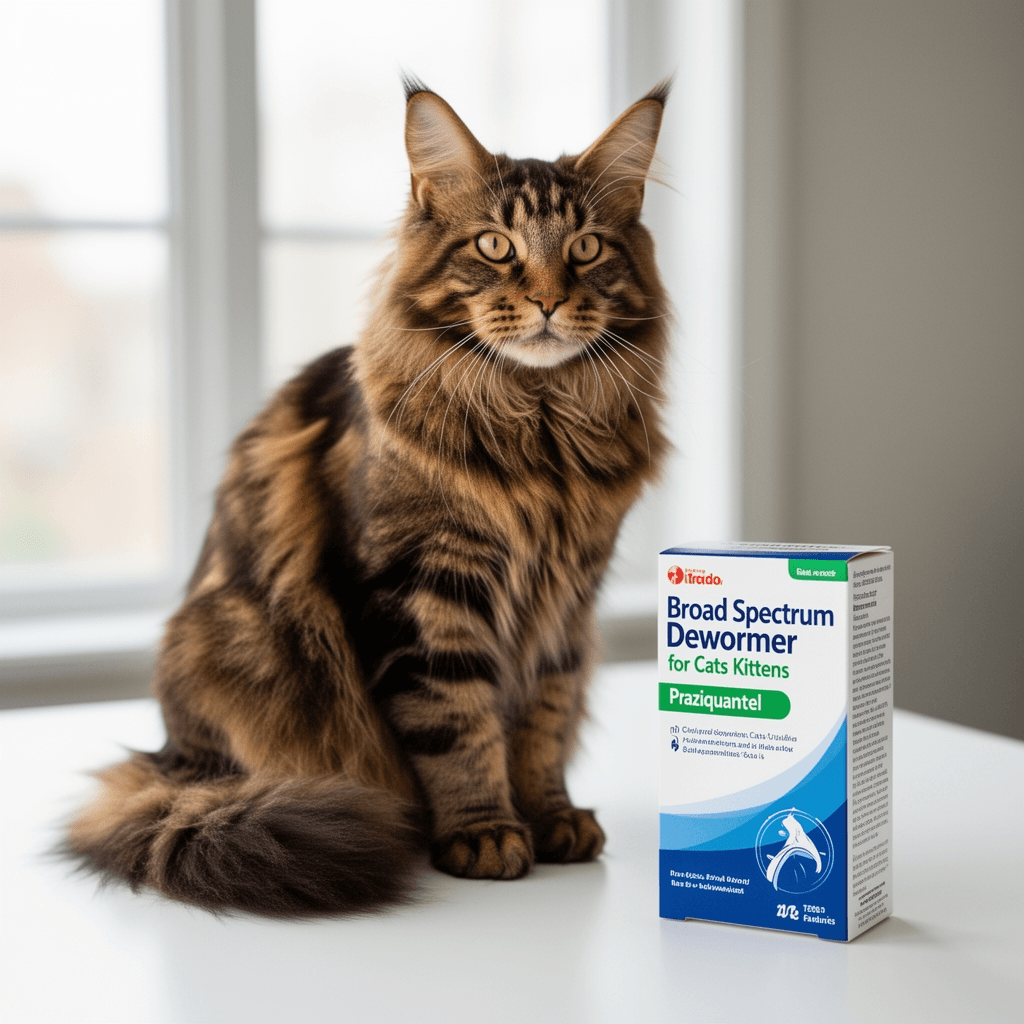 Broad Spectrum Dewormer for Cats and Kittens – Praziquantel with cat - professional product lifestyle photo