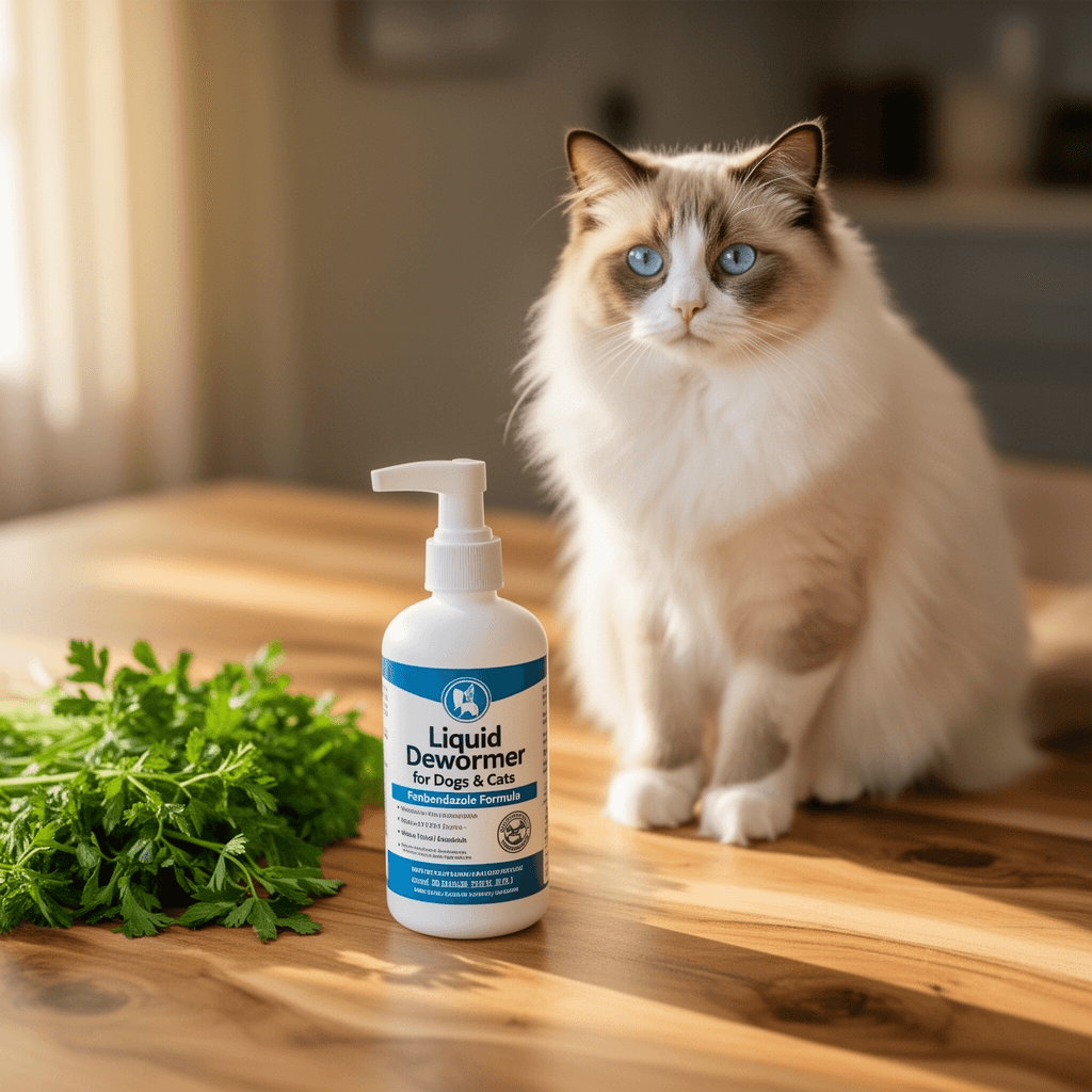 Liquid Dewormer for Dogs & Cats – Fenbendazole Formula - with cat - professional product lifestyle photo
