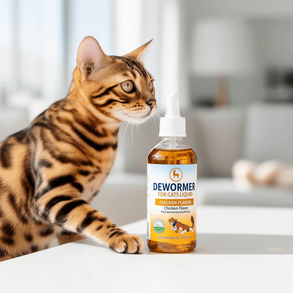 Dewormer for Cats Liquid – Chicken Flavor Cat Dewormer for with cat - professional product lifestyle photo