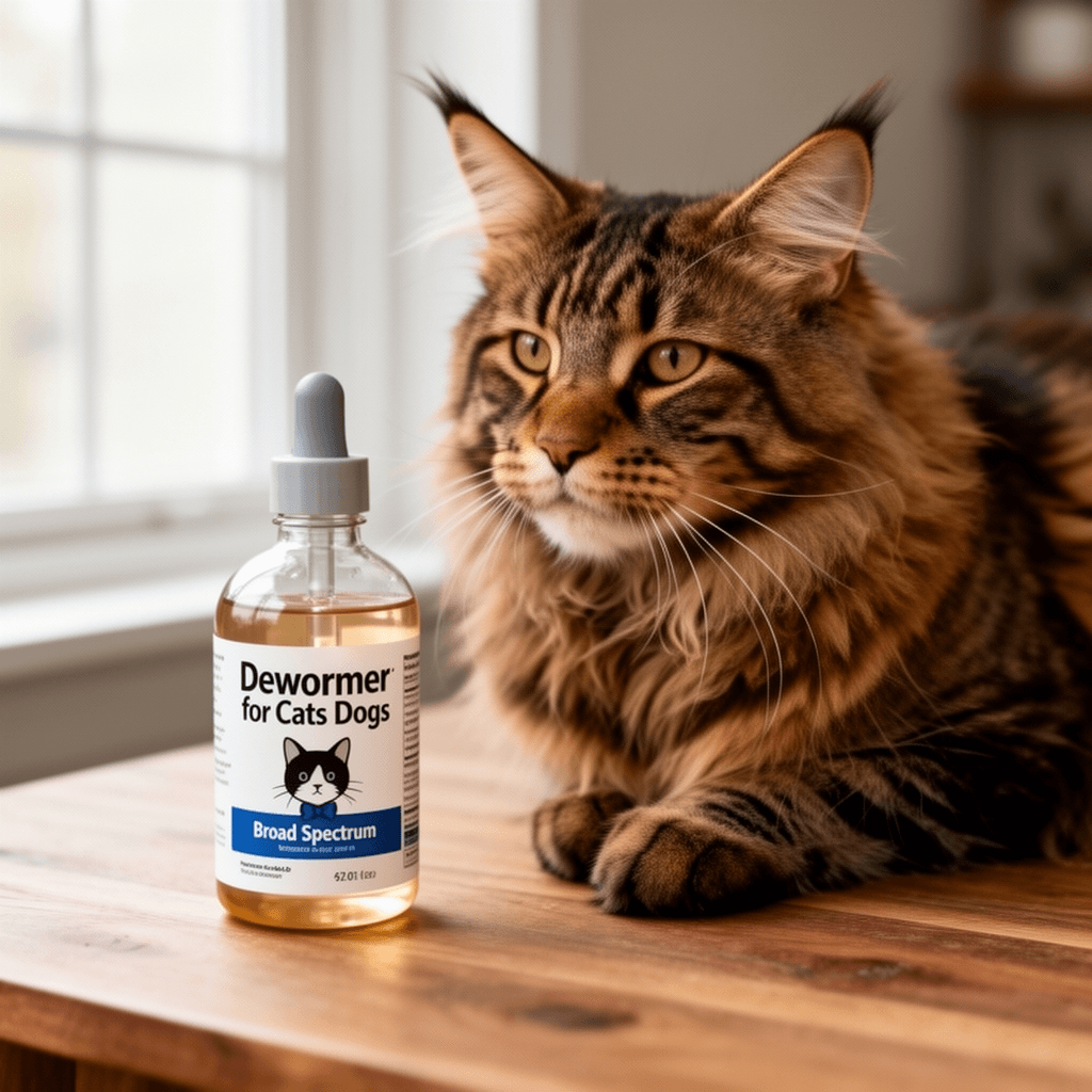 Dewormer Liquid for Cats and Dogs Broad Spectrum with cat - professional product lifestyle photo