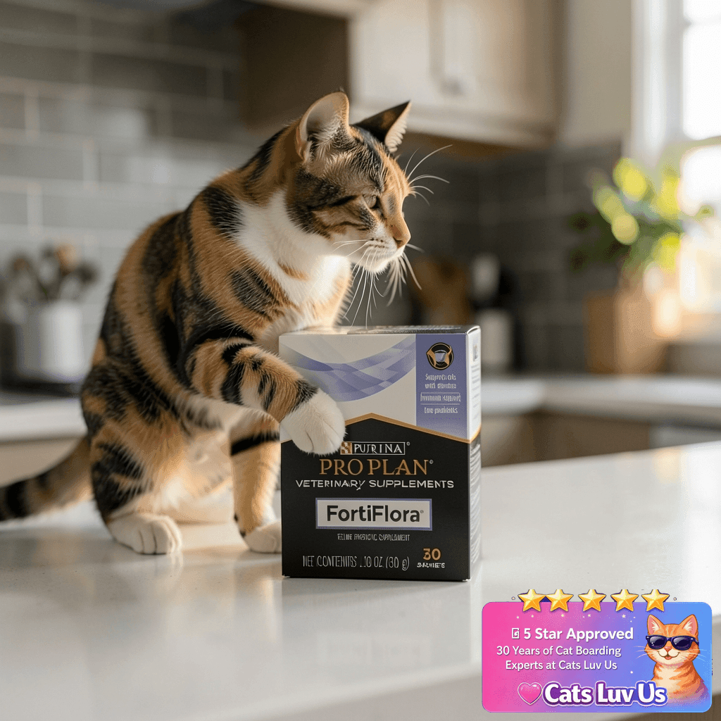 Purina Pro Plan Veterinary Supplements FortiFlora Daily with cat - professional product lifestyle photo