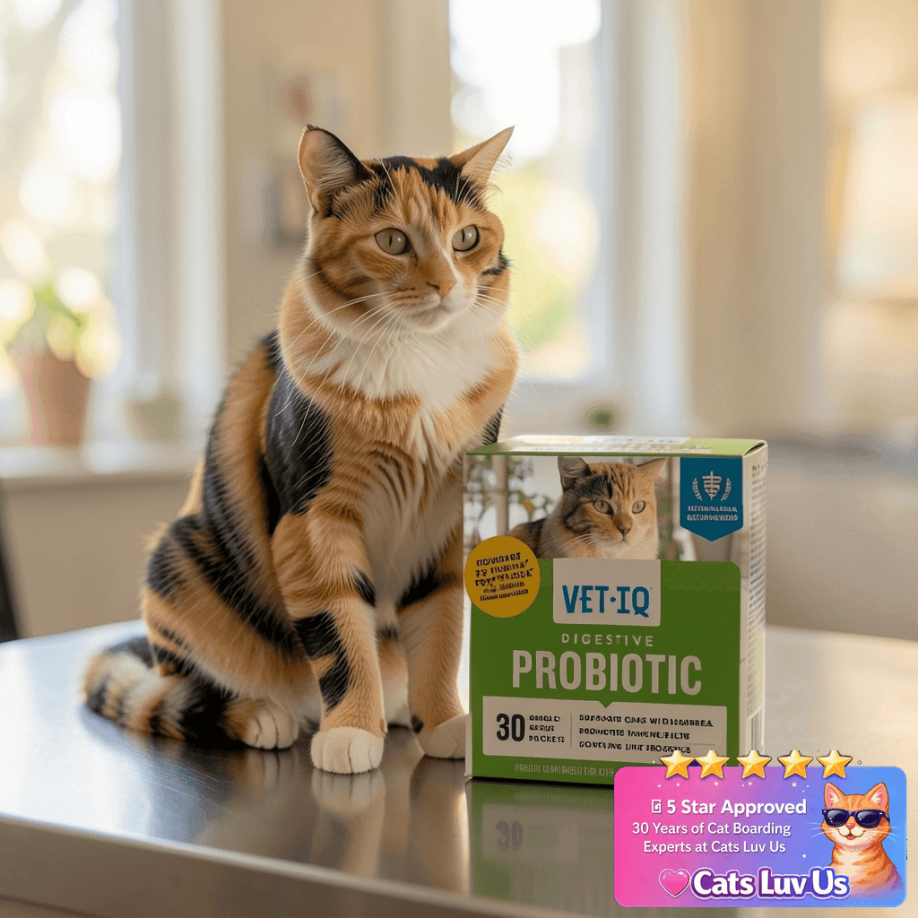 VetIQ Cat Probiotic Powder with cat - professional product lifestyle photo