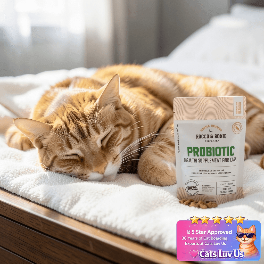 Rocco & Roxie Cat Probiotics with cat - professional product lifestyle photo