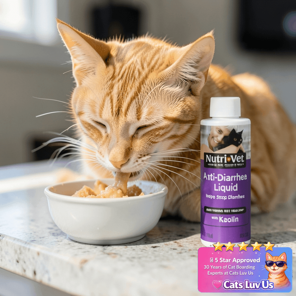 Nutri-Vet Anti-Diarrhea Liquid for Cats with cat - professional product lifestyle photo