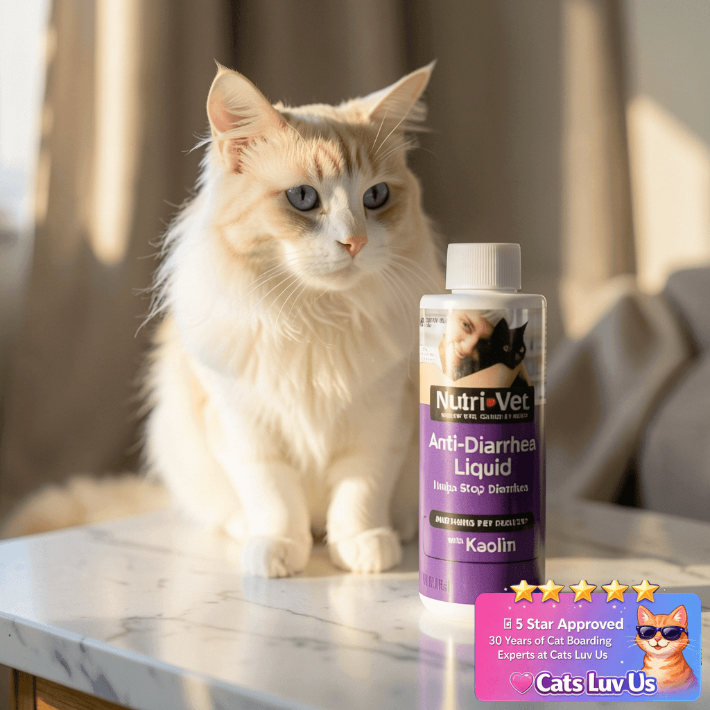 Nutri-Vet Anti-Diarrhea Liquid for Cats with cat - professional product lifestyle photo