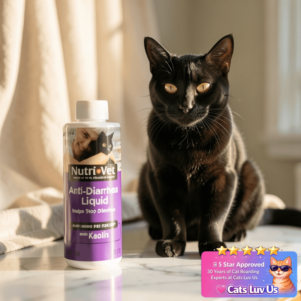Nutri-Vet Anti-Diarrhea Liquid for Cats with cat - professional product lifestyle photo