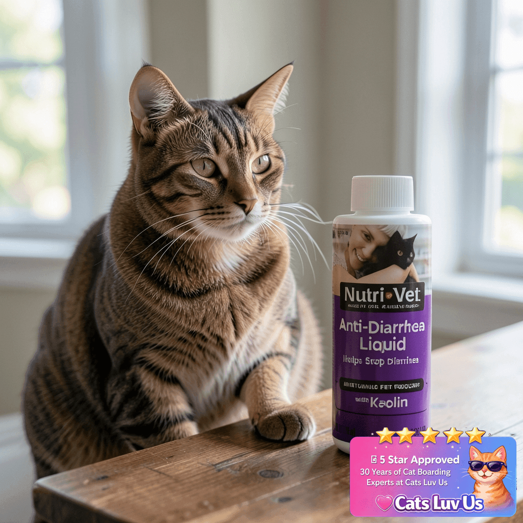 Nutri-Vet Anti-Diarrhea Liquid for Cats with cat - professional product lifestyle photo