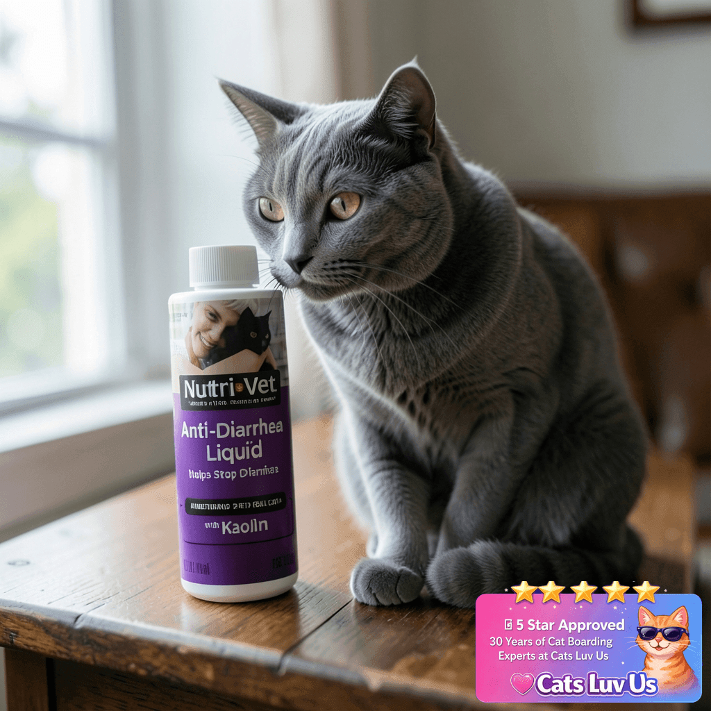 Nutri-Vet Anti-Diarrhea Liquid for Cats with cat - professional product lifestyle photo