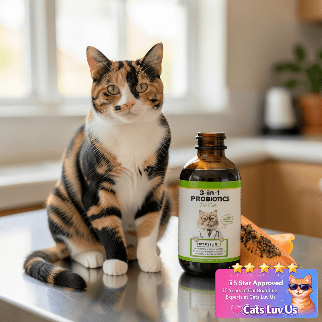 3-in-1 Probiotics for Cats with Digestive Enzymes & with cat - professional product lifestyle photo