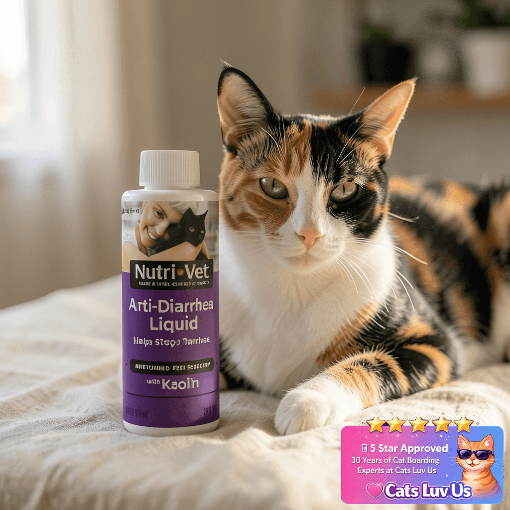 Nutri-Vet Anti-Diarrhea Liquid for Cats with cat - professional product lifestyle photo