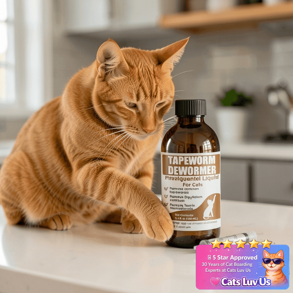 VetaSure Tapeworm Dewormer for Cats & Kittens – Praziquantel with cat - professional product lifestyle photo