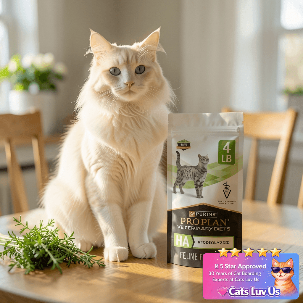 Purina Pro Plan Veterinary Diets HA Hydrolyzed Feline with cat - professional product lifestyle photo