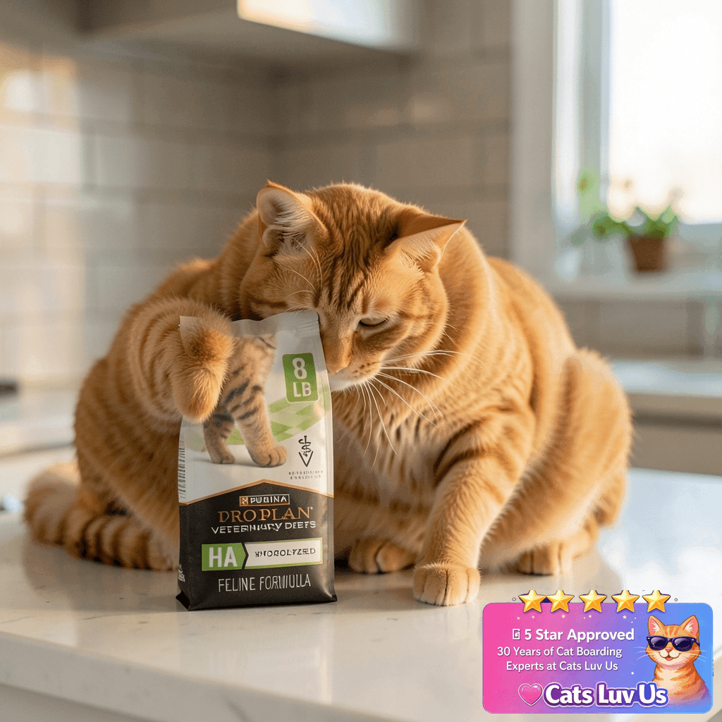 Purina Pro Plan Veterinary Diets HA Hydrolyzed Feline with cat - professional product lifestyle photo