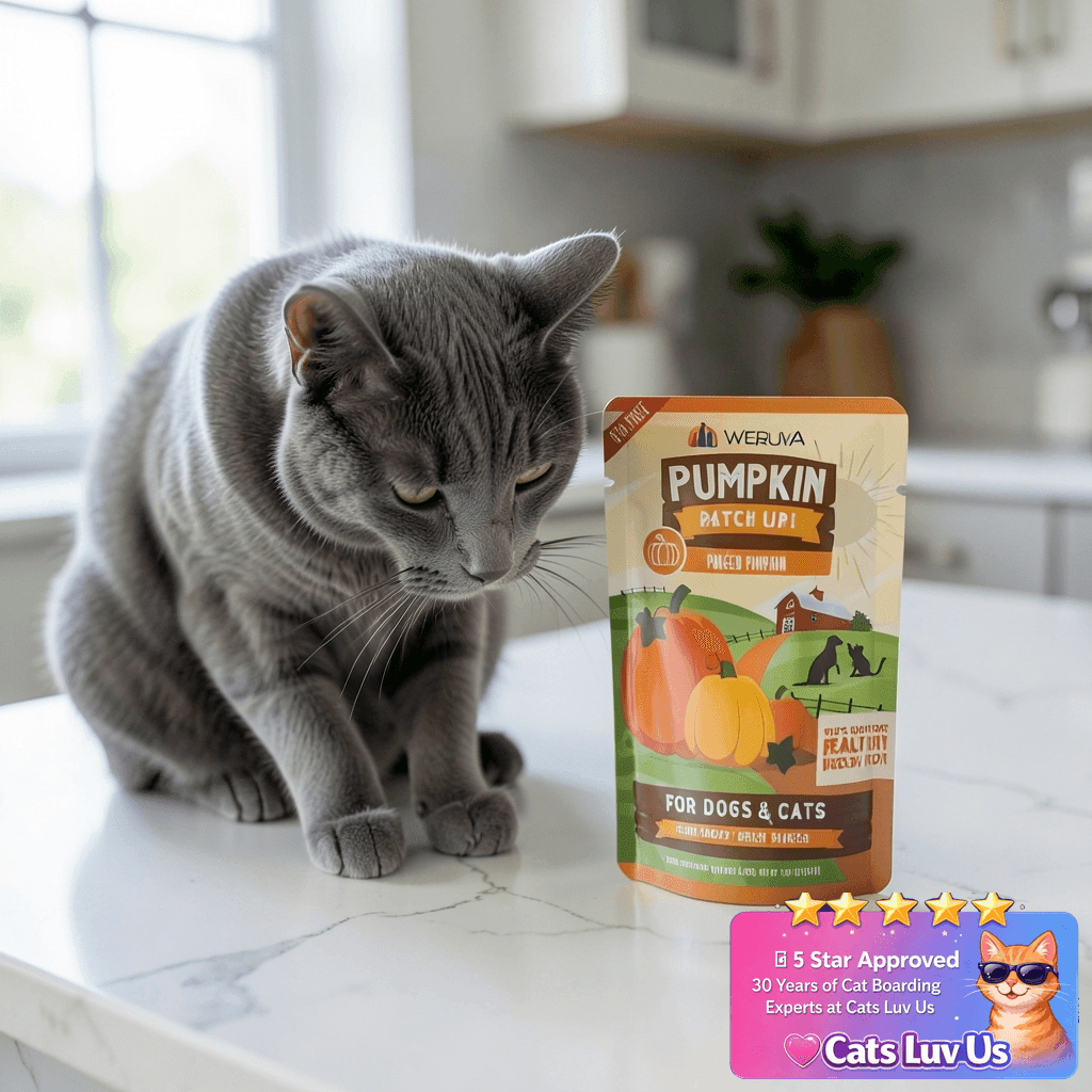 Weruva Pumpkin Up! Pumpkin Puree Pet Food Supplement with cat - professional product lifestyle photo