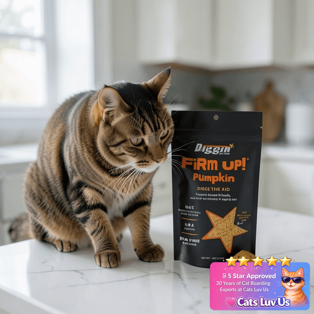 Diggin' Your Dog – Firm Up Pumpkin for Dogs & Cats – Fiber with cat - professional product lifestyle photo
