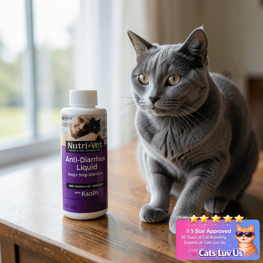 Nutri-Vet Anti-Diarrhea Liquid for Cats with cat - professional product lifestyle photo