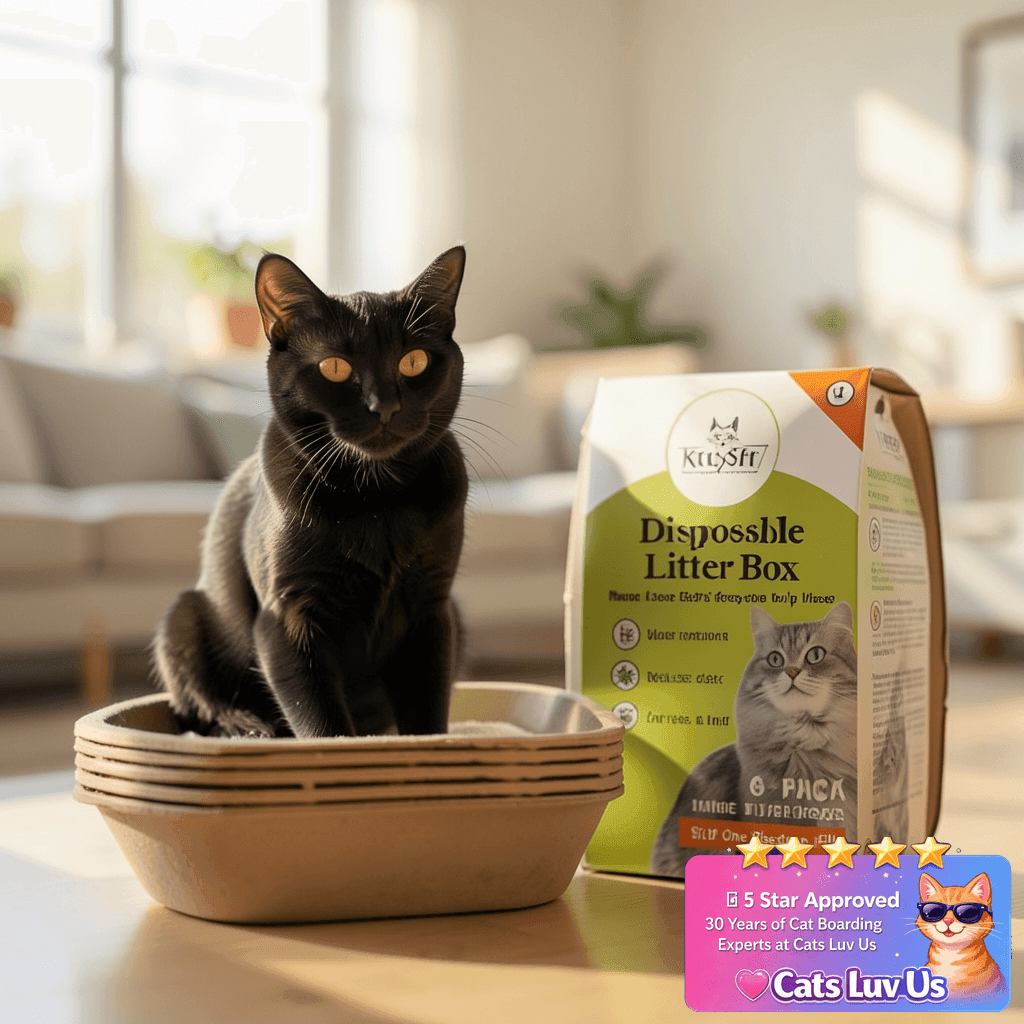 Kitty Sift Disposable Cat Litter Box Large with cat - professional product lifestyle photo