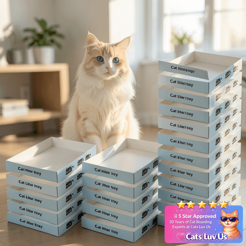 30 Pack Disposable Cat Litter Box Foldable Paper Kitty Tray with cat - professional product lifestyle photo