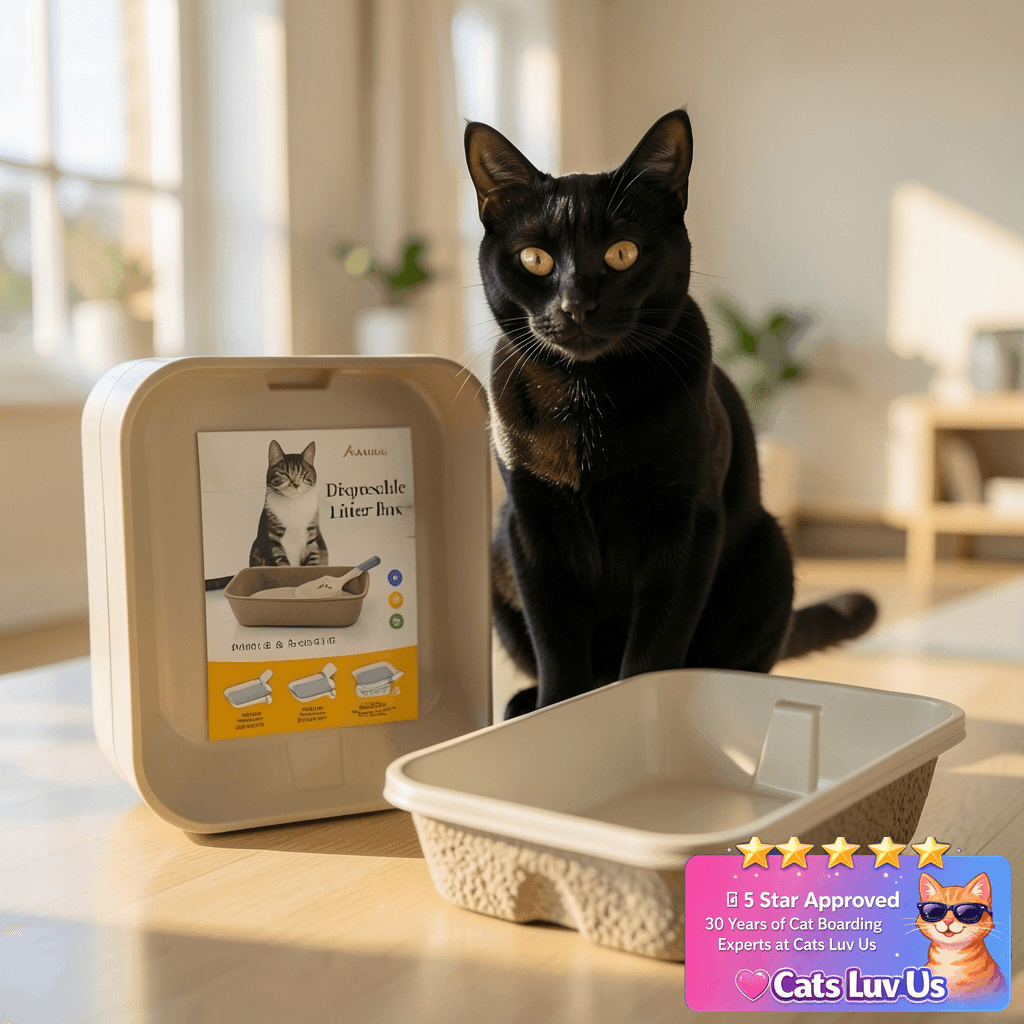 KAKKUE 4 Pack Disposable Cat Litter Boxes with cat - professional product lifestyle photo