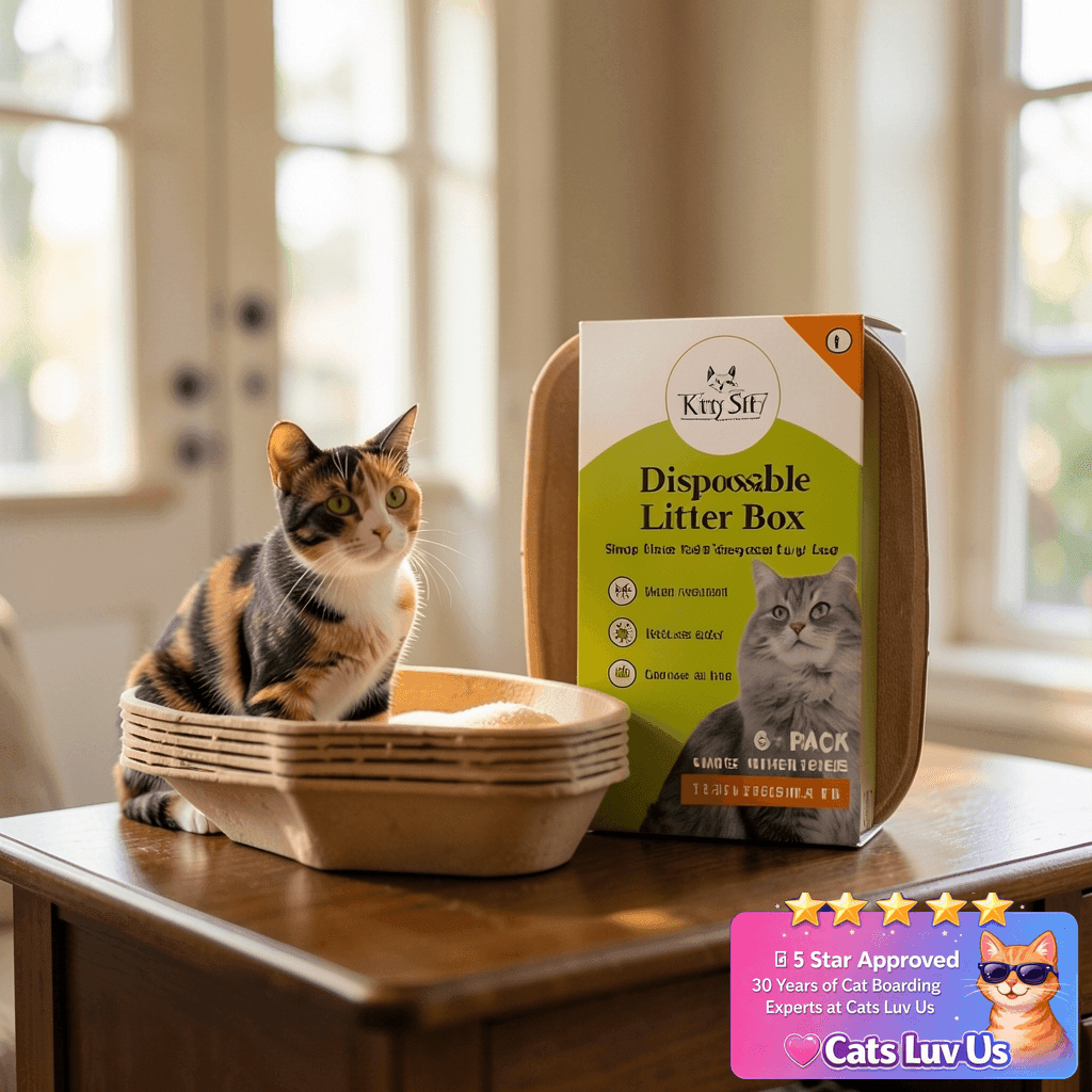 Kitty Sift Disposable Cat Litter Box Large with cat - professional product lifestyle photo