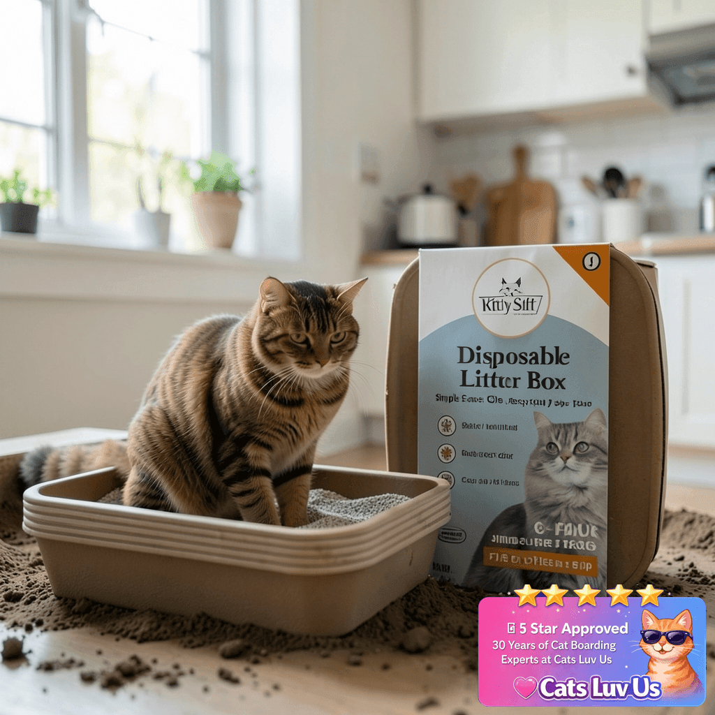 Kitty Sift Disposable Cat Litter Box Jumbo with cat - professional product lifestyle photo