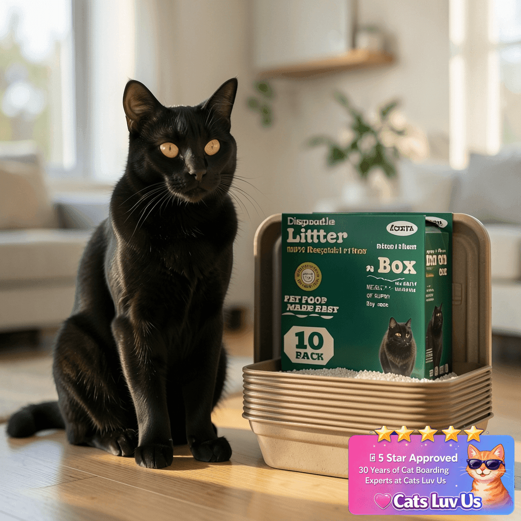 10 Count - Disposable Litter Box for Kitty Cats with cat - professional product lifestyle photo