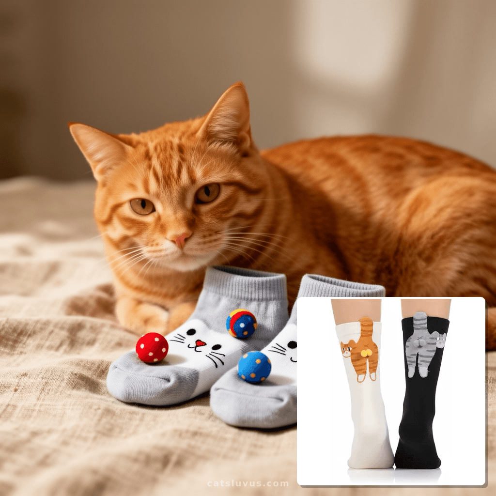 2 Pairs Cute Cat Socks with Balls with cat - professional product lifestyle photo