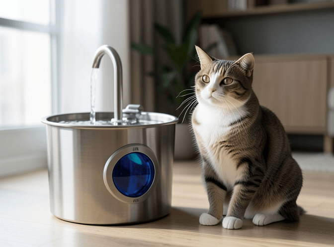 Cat owner reviewing cat drinking fountains & hydration for kittens options for their pet in 2026