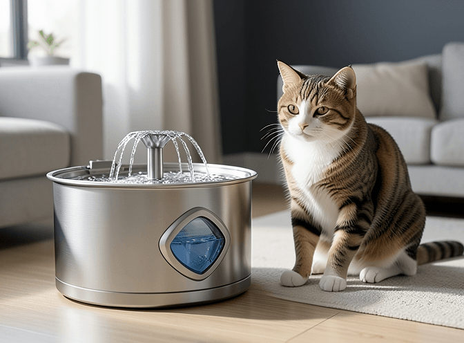 Cat owner reviewing cat drinking fountains & hydration for senior cats options for their pet in 2026
