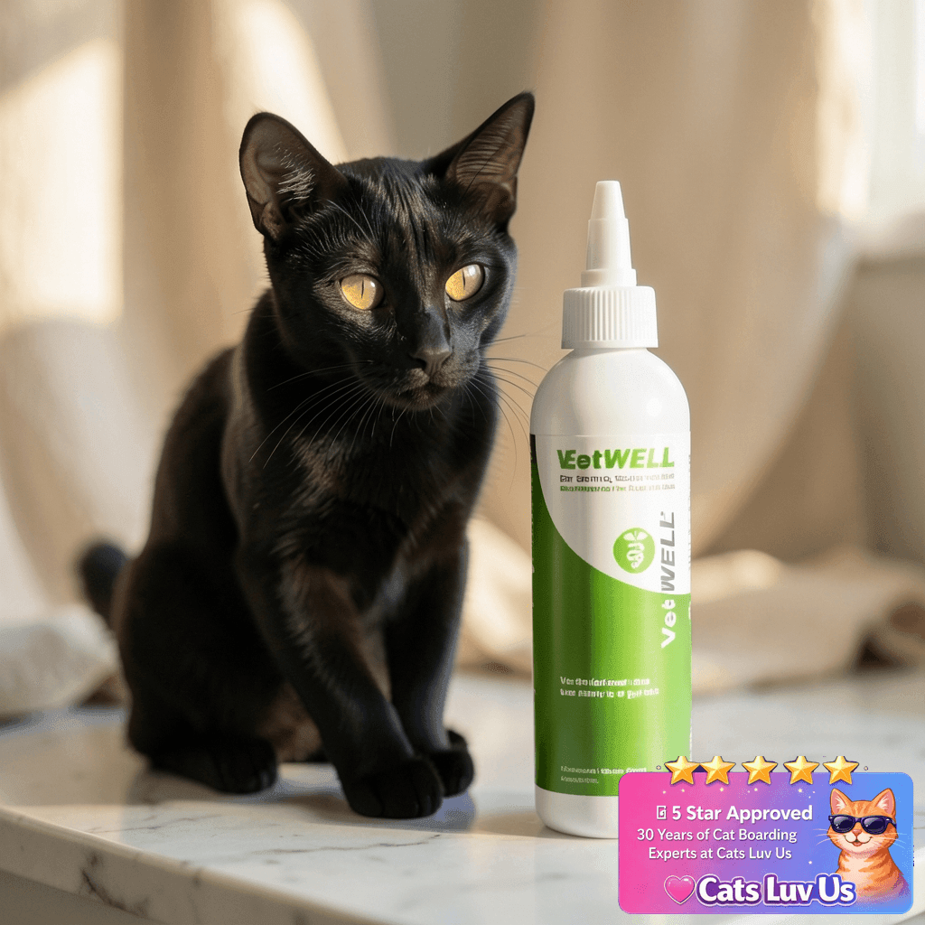 VetWELL Ear Cleaner for Dogs and Cats - Otic Rinse for with cat - professional product lifestyle photo