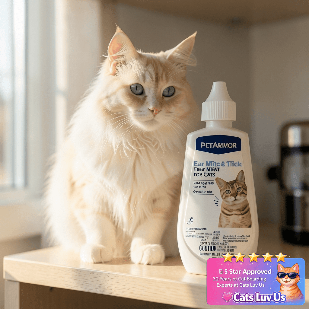 PetArmor Ear Mite Treatment for Cats with cat - professional product lifestyle photo