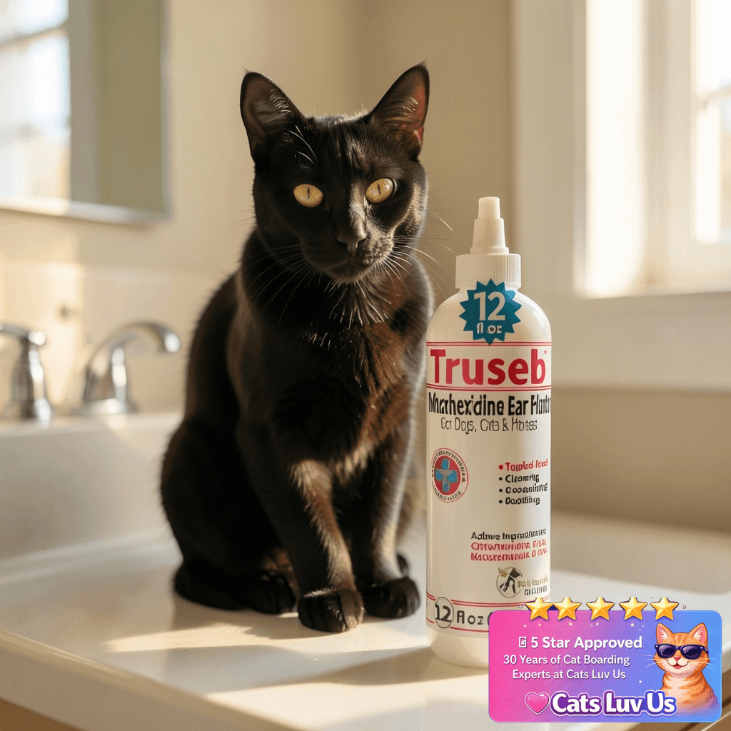 Truseb Maximum Strength Dog Ear Infection Treatment Flush with cat - professional product lifestyle photo