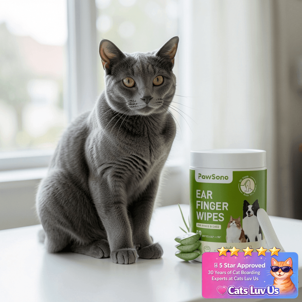 Ear Finger Wipes for Dogs & Cats with cat - professional product lifestyle photo