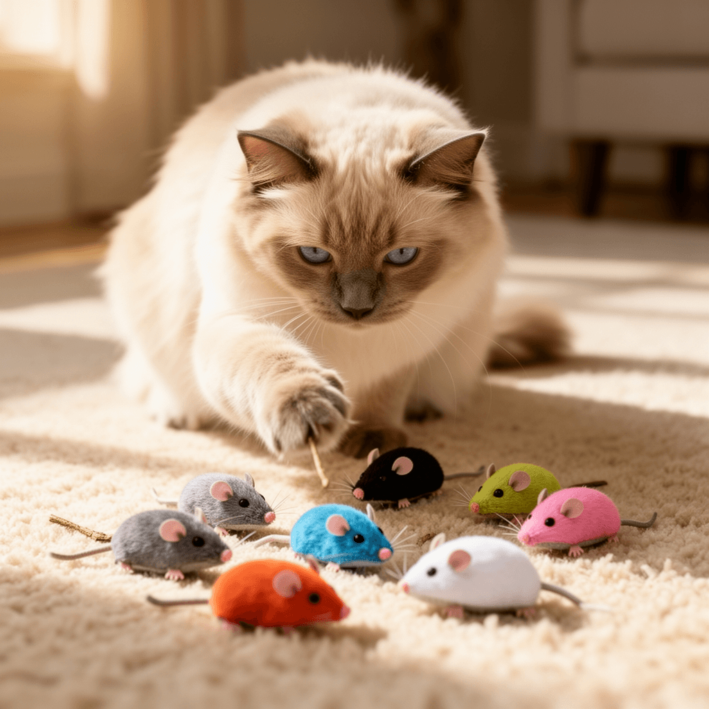 20-Pack Catnip Mouse Toys - Assorted Colors with cat - professional product lifestyle photo