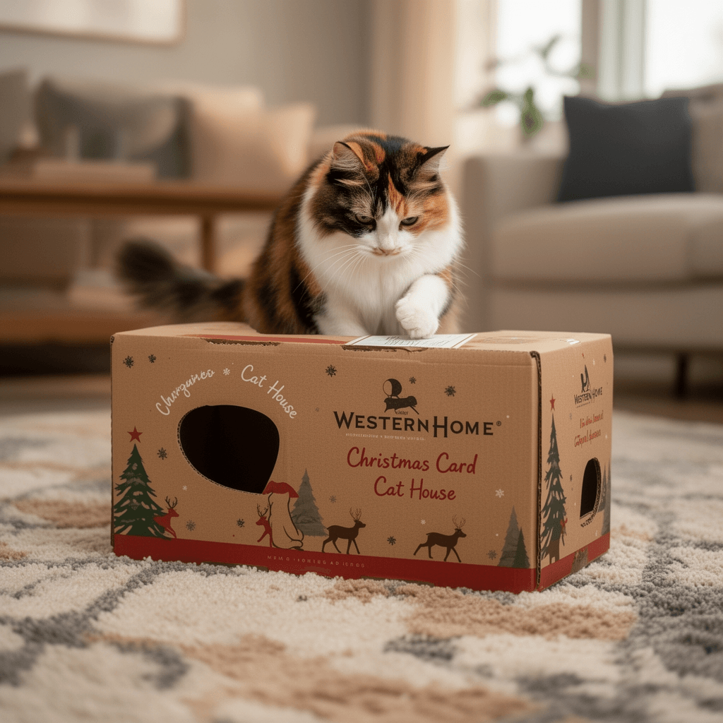 WESTERN HOME Christmas Cardboard Cat House with cat - professional product lifestyle photo