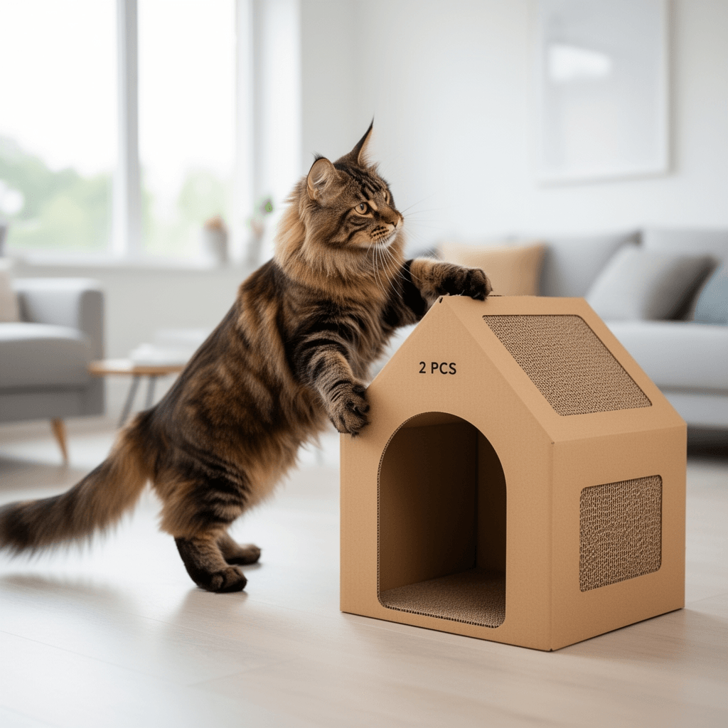 Cat Cardboard House with 2 PCS Scratching Pads，Large Cat with cat - professional product lifestyle photo