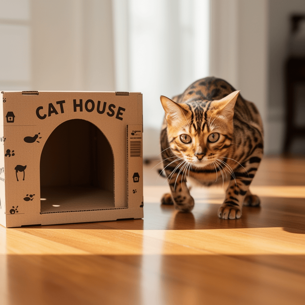 Cardboard Cat House with cat - professional product lifestyle photo