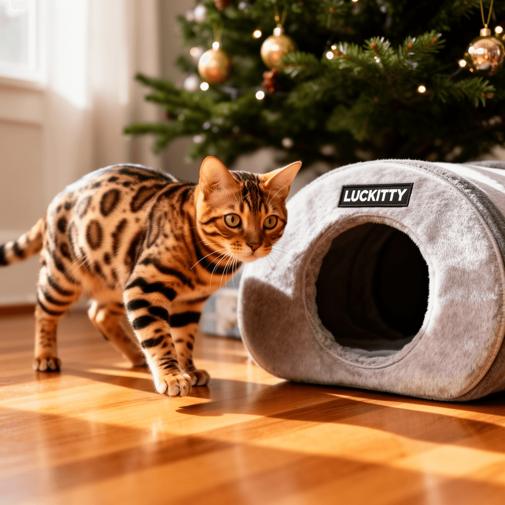 LUCKITTY Large Cat Tunnel Bed Under Christmas Tree with cat - professional product lifestyle photo