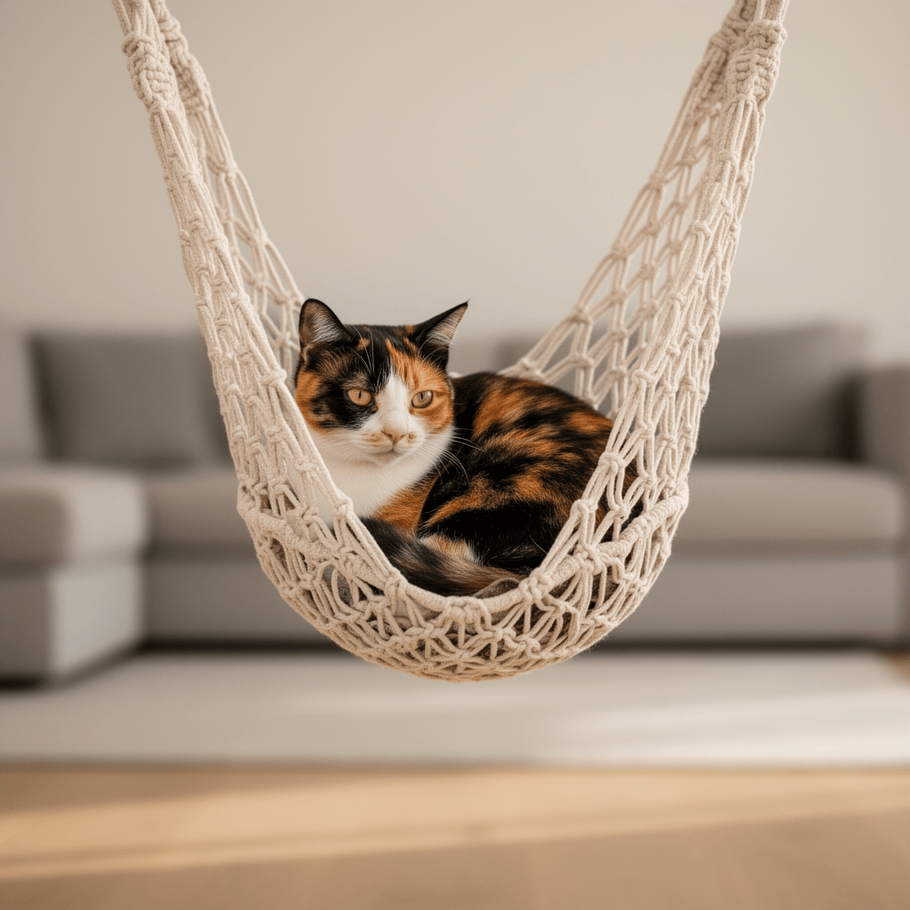 Macrame Hanging Cat Hammock Bed Cat Swing House Space Saving with cat - professional product lifestyle photo