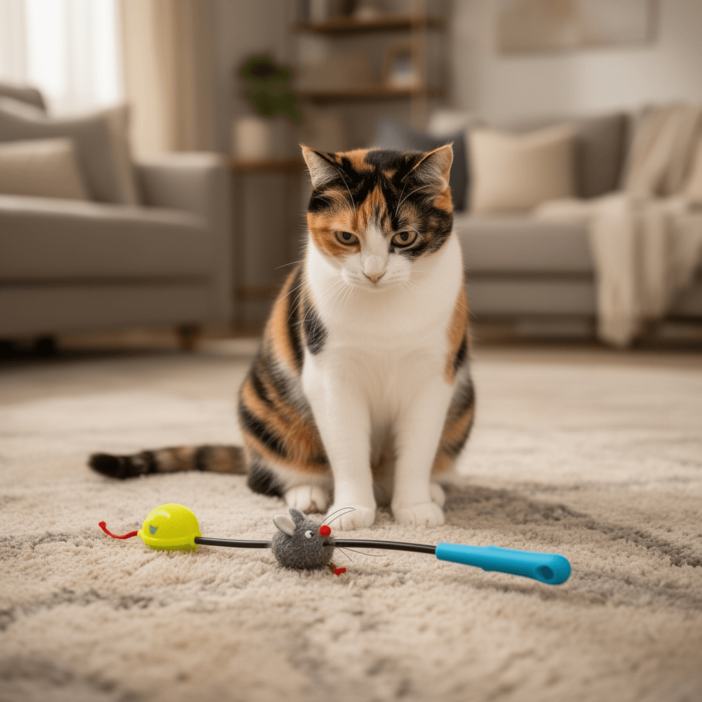 Interactive Cat Toy Wand with Catnip Mouse with cat - professional product lifestyle photo