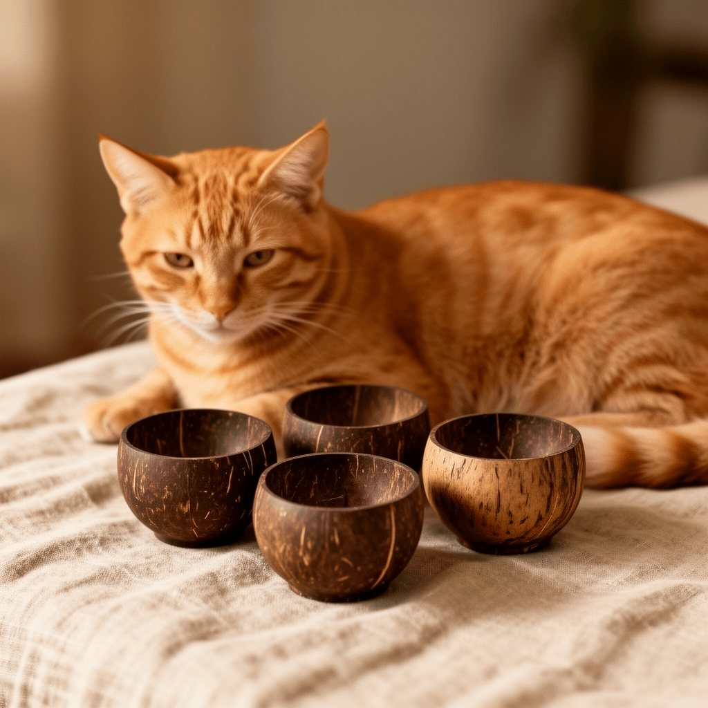 6 Pcs Natural Coconut Shell Cups with cat - professional product lifestyle photo