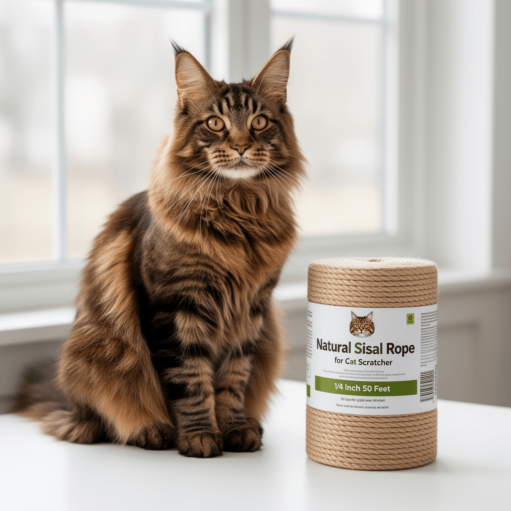 Natural Sisal Rope for Cat Scratcher - 1/4 Inch by 50 Feet with cat - professional product lifestyle photo