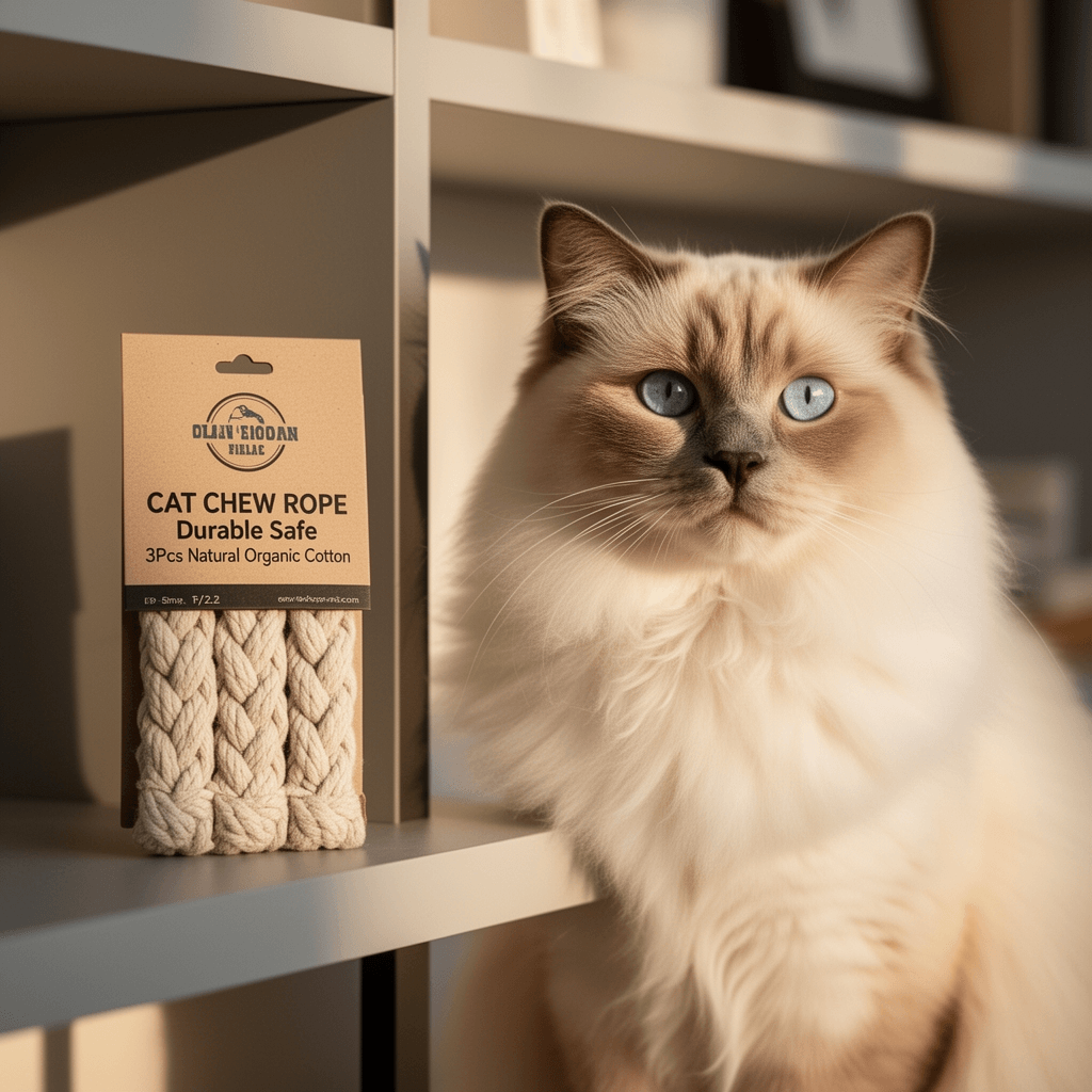Cat Chew Rope Durable Safe : 3Pcs Natural Organic Cotton with cat - professional product lifestyle photo