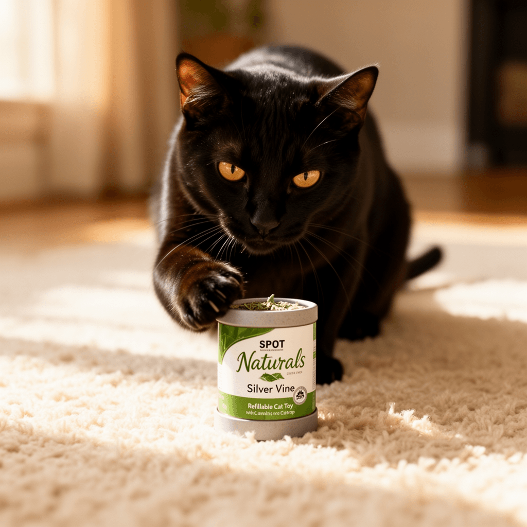 SPOT Naturals Silver Vine Refillable Cat Toy with Catnip with cat - professional product lifestyle photo