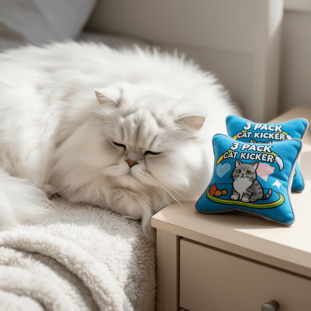 3 Pack Cat Kicker Toy Pillows with cat - professional product lifestyle photo
