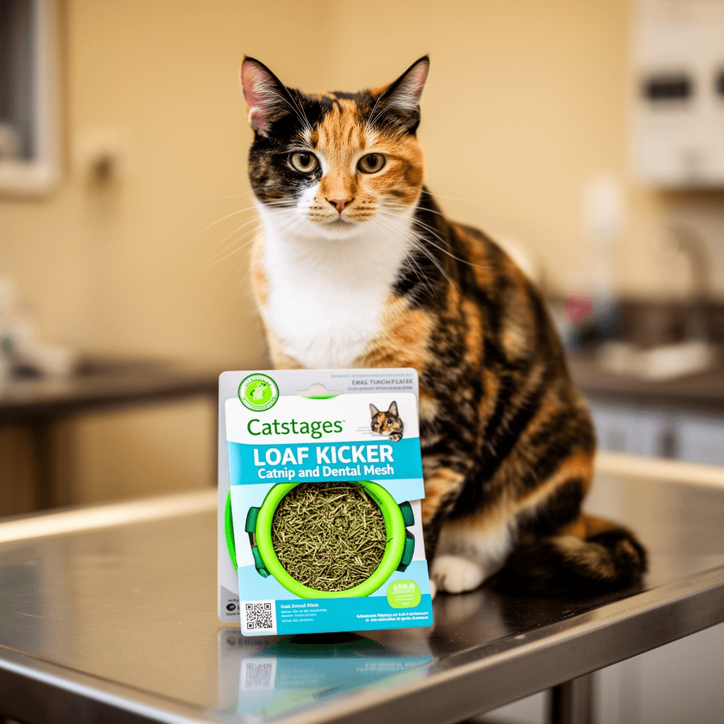 Catstages Loaf Kicker Toy with Catnip and Dental Mesh with cat - professional product lifestyle photo