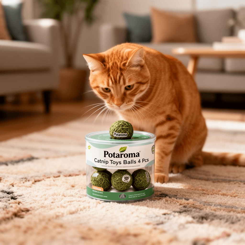 Potaroma Catnip Toys Balls 4 Pcs with cat - professional product lifestyle photo