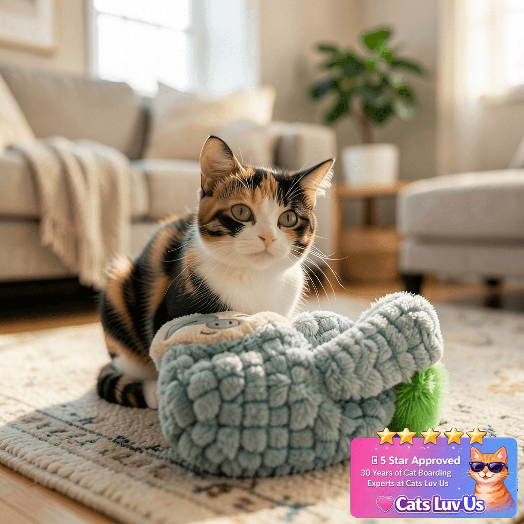 Catstages Petstages Purr Pillow Snoozin' Sloth Soothing with cat - professional product lifestyle photo