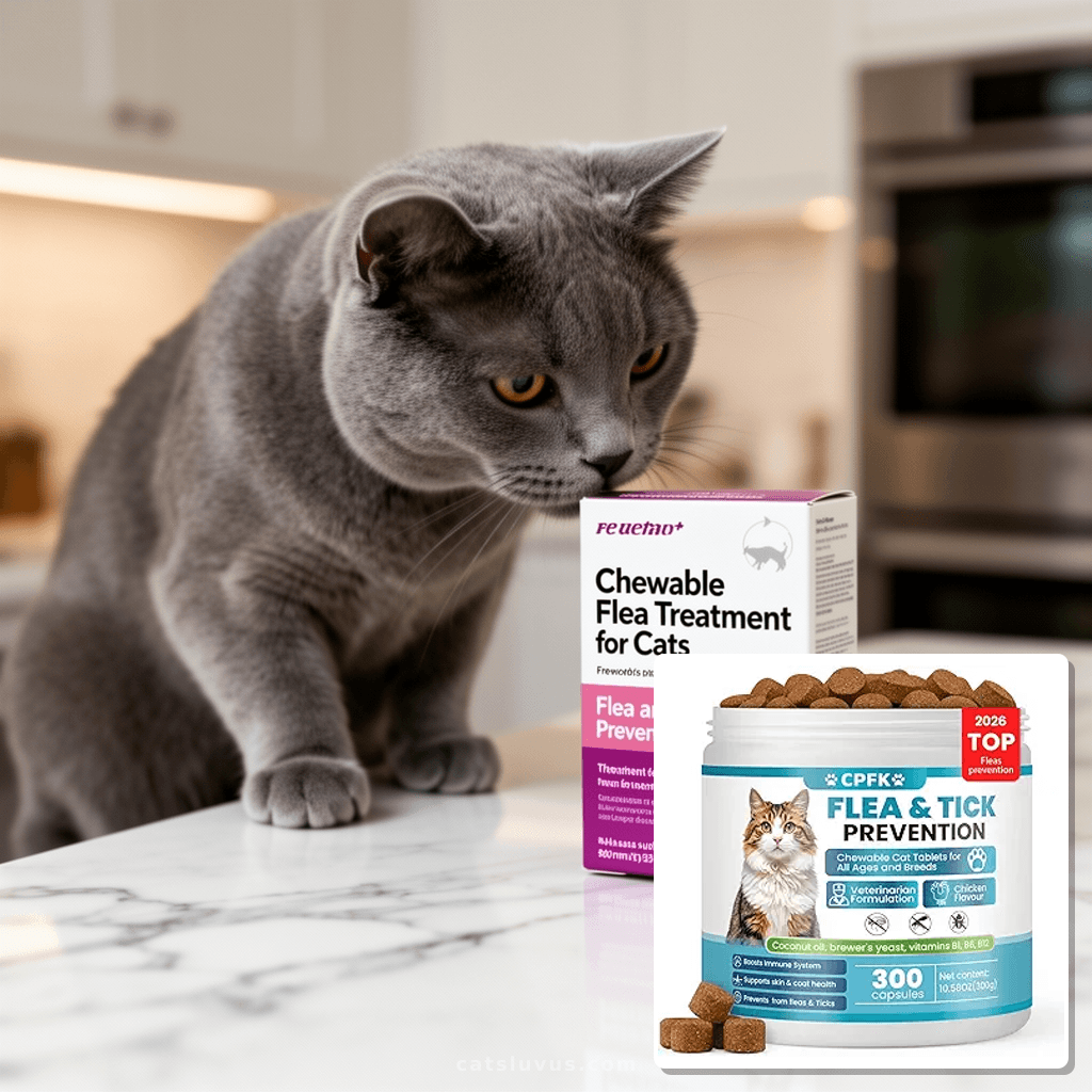 Chewable Flea Treatment for Cats Flea and Tick Prevention with cat - professional product lifestyle photo