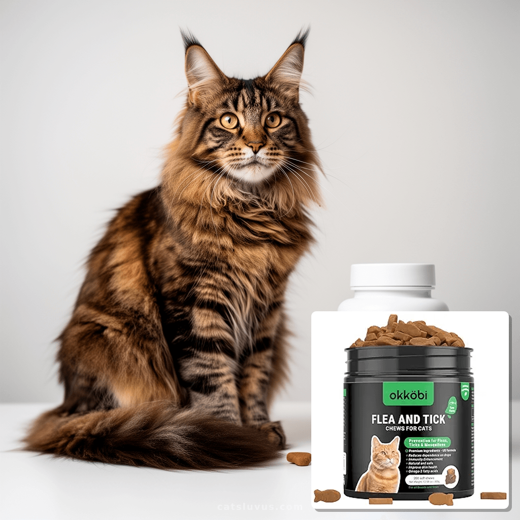 Flea and Tick Prevention for Cats Chewable - 200 Chews - with cat - professional product lifestyle photo